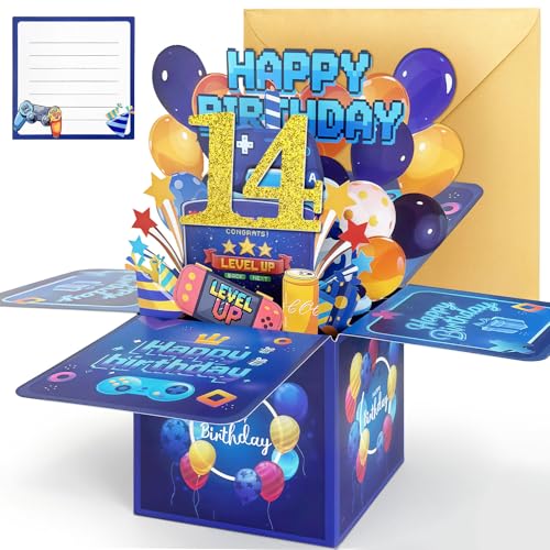 Hierein 14th Birthday Card, Pop Up 14th Birthday Cards for Boy, 3D Video Gamer Happy Birthday Card, Popup Gift Box Greeting Cards for 14 Year Old Son Grandson Brother Nephew Gift Decoration