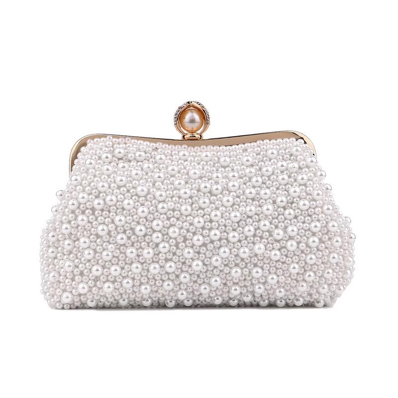 Image of Women Pearl Evening Bag Bride Beaded Clutch Purse Cream White for Wedding Party