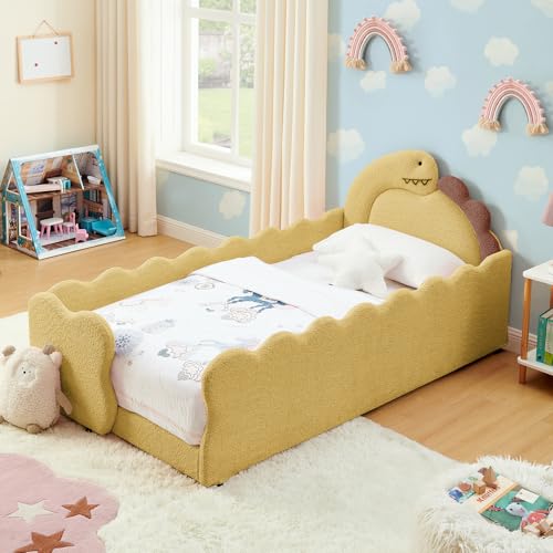 Image of Twin Size Kids Bed with Dinosaur Headboard, Upholstered Boucle Fabric Twin Daybed with Slats Support & Side Pocket, Space-Saving Wooden Corner Sofa Couch Day Bed Frame for Girl, Boy, Teenager(Yellow)