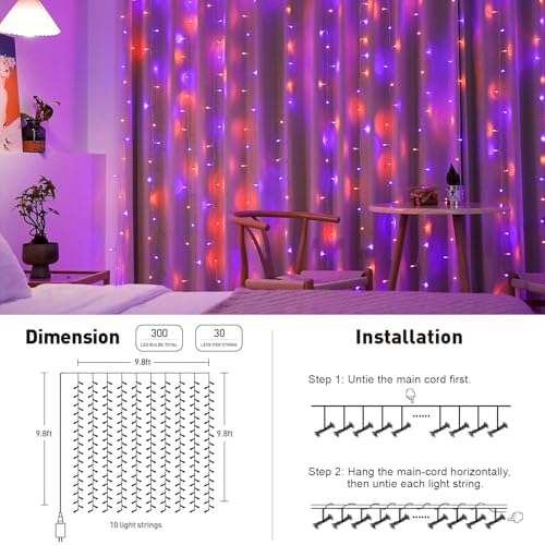 Image of JMEXSUSS 300LED Halloween Curtain Lights, Orange and Purple, 9.8x9.8ft