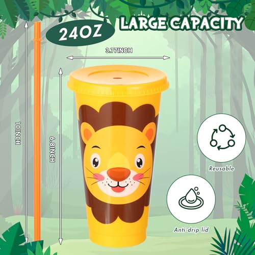 Domensi 24 Pcs Plastic Cups with Lid and Straw 24 oz Reusable Plastic Tumbler Party Favors Water Bottle Coffee Mug for Birthday Themed Party Supplies Favor Classroom Exchange Gifts(Jungle Animal)