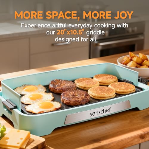 Image of Cleansnap Everyday Electric Griddle,The Ultimate Gift for Family Feasts - 20 inch Nonstick Grill with Foldable Anti-Mess Shield, Rapid 1700W Heat & PPG Ceramic Coating, Dishwasher Safe, Saga Blue