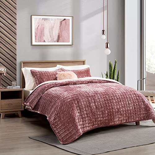 Recyco Luxury Velvet Quilt Set King Size, Lightweight Velvet Comforter Set, Oversized Bedspread Coverlet Quilted Bedding Set, With 2 Matching Pillow Shams, For All Season, Dusty Mauve Pink #TOP1