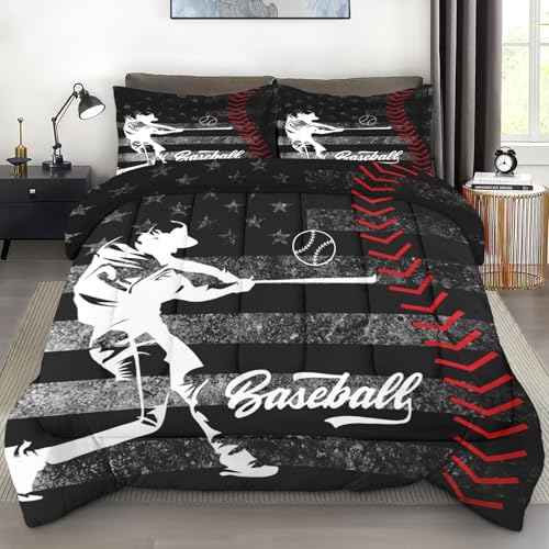 Pamnest Comforter Set Twin Size, Baseball American Flag Soft 2 Pcs Bedding for Kids and Adults America Athlete Sport Comforter Set with Pillowcase for Bedroom Bed Decor
