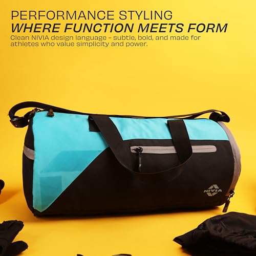 Image of Nivia Fuse Gym Duffle Bag for Men and Women, 25L Lightweight Training and Travel Bag with Shoe Compartment, Quick Access Pockets, and Adjustable Strap, Designed for Athletes, Travel (Black /Sky Blue)
