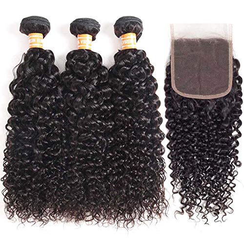 VTAOZI Hair Brazilian Virgin Curly 3 Bundles with Lace Closure Free Part 100% Unprocessed Brazilian Kinky Curly Human Hair Bundles with 4x4 Lace Closure Natural Color (10 12 14 + 10 Free Part)