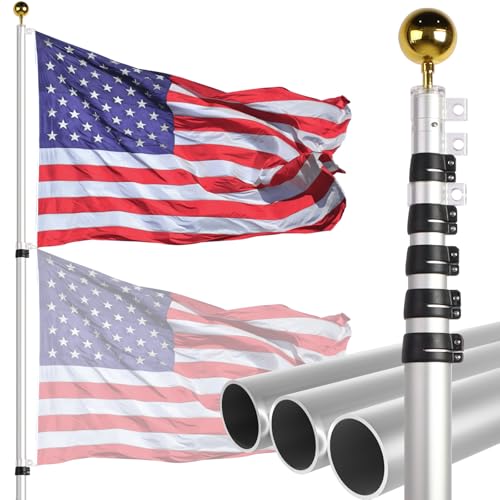 NELXINJO20ft Telescopic Flag Pole - Extra Thick Outdoor Telescoping Flag Poles with 3x5 American Flag for Residential or Commercial Silver