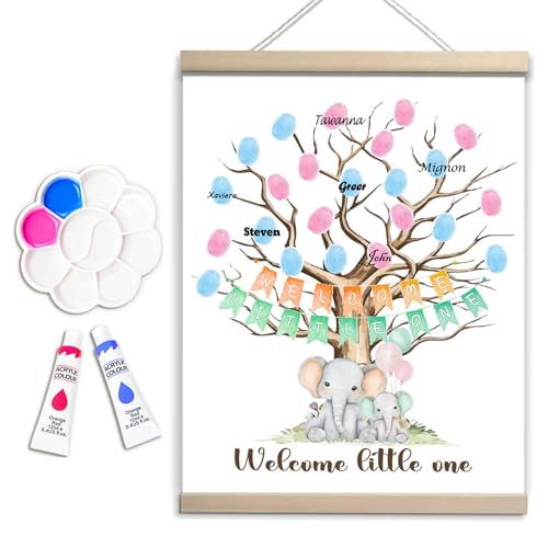 Image of QZCYU Gender Reveal Gifts Idea Party Fingerprint Decorations - Elephant Theme Canvas Decor - Woodland Baby Shower Guest Book (12x15in)