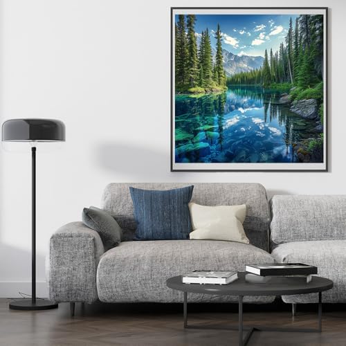 Image of Moohue 14ct Counted Cross Stitch Kits for Adults Mountains Trees Lake Printed Stamped Cross Stitch Patterns Kits Cross Stitch Supplies (Mountains Trees Lake)