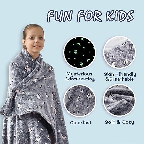 Sochow Glow In The Dark Throw Blanket 60 X 80 Inches, Galaxy Stars Pattern Soft Cozy Flannel Fleece Blanket For Boys Girls, All Seasons Grey Gifts Blanket For Kids #TOP2