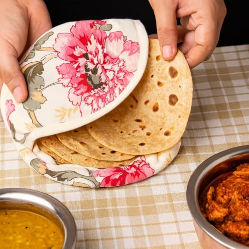 Image of Swayam 100% Cotton Cloth Roti Casserole | Hot Chapati Box | Washable Bread Basket | 22 cm Round Roti Basket | Floral Design - Cream & Pink