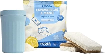 Natulim Pack Dishwasher by Hand – Effective in Removing Grease and Food Remains – Contains Reusable Dispenser, 2 Sponges and Dishwasher Powder Envelope 250 Gr. (1 Pack)