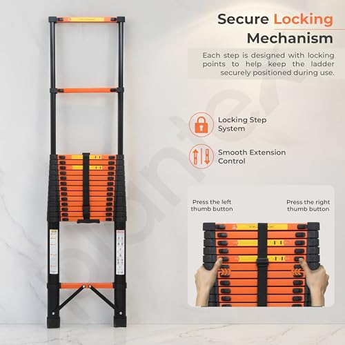 Image of Plantex 6.3m (20.66 ft.) Telescopic Ladder /Carbon Steel 16-Steps Portable & Compact Ladder /Foldable Multipurpose Collapsible Ladder for Home & Outdoor Use - (Orange)