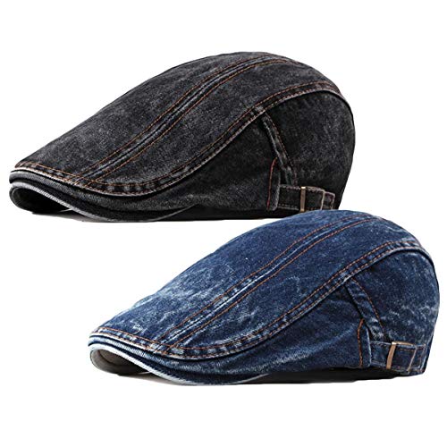 Qunson 2 Pack Mens Denim Cotton Newsboy Cap Ivy Gatsby Driving Hunting Cabbie Hats (2 Pack-I), 2 Pack-i, One size