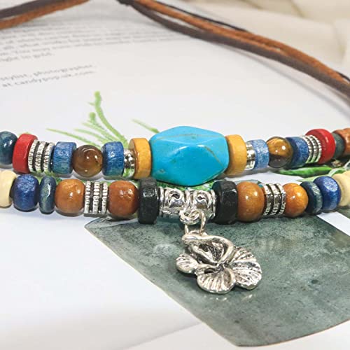 Hetica Boho Necklace Woman Tribal Layered Necklace Retro Boho Style Turquoise Necklace Braided Necklace For Woman Retro Fashion Adjustable Hemp Cords Wood Beads Beaded Choker Necklace #TOP1