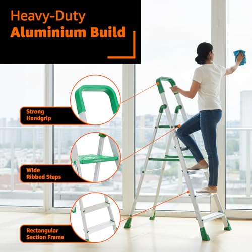 Image of Amazon Basics Clamber Pro - Foldable Step Ladder, Firm Grip, 5 Steps (Aluminium Steps, Green & Satin)