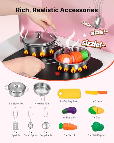 Image of VEVOR Play Kitchen for Kids, Wooden Kids Kitchen Playset with Real Lights & Sounds, Food & Cookware, Pretend Play Toy Set, Microwave, Oven, Clicking Knobs, for Toddlers, Girls & Boys Ages 3-8, Pink