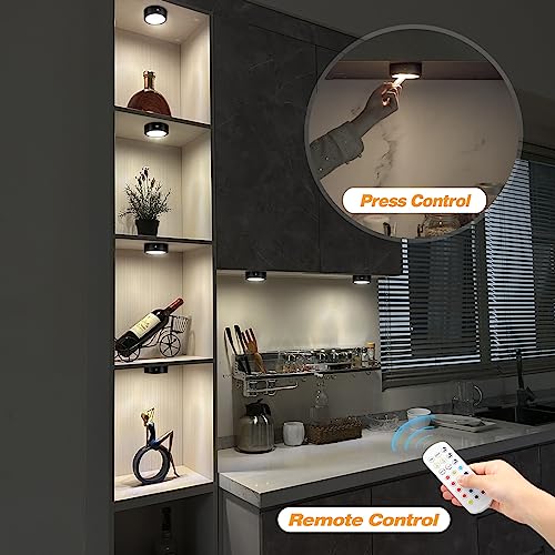 Image of Puck Lights with Remote Timer, Under Cabinet Kitchen Lights Battery Operated LED Lights, Stick on Shelf Lights Wireless Counter Lights, RGB Color Changing Display Lights, 4 Pack Black
