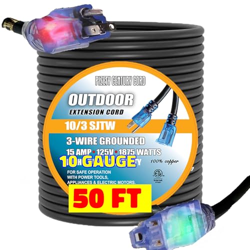 pizety 50 ft 10 Gauge Power Extension Cord 10/3 Contractor Grade 50 ft Extension Cord with Lighted Ends Heavy Duty Indoor Outdoor SJTW Rated 1875 Watts 3 Prong Cords Flexible Copper Black 10 awg