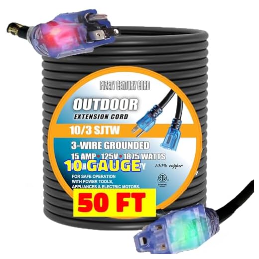 10 3 Contractor Grade 50 ft 10 Gauge Power Extension Cord 10/3 50 ft Extension Cord 50 ft with Lighted Ends Black Extension Cord 10/3 Plug (50 ft 10 Gauge, Black 10 awg Extension Cord 50 ft 10 Gauge)