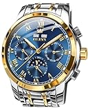 OLEVS Goldblau automatische Herrenuhren, goldene selbstaufziehende mechanische Business Luxus-Armbanduhr aus Edelstahl mit Mondphase, wasserdicht, Leuchtend, mit Kalender für Männer