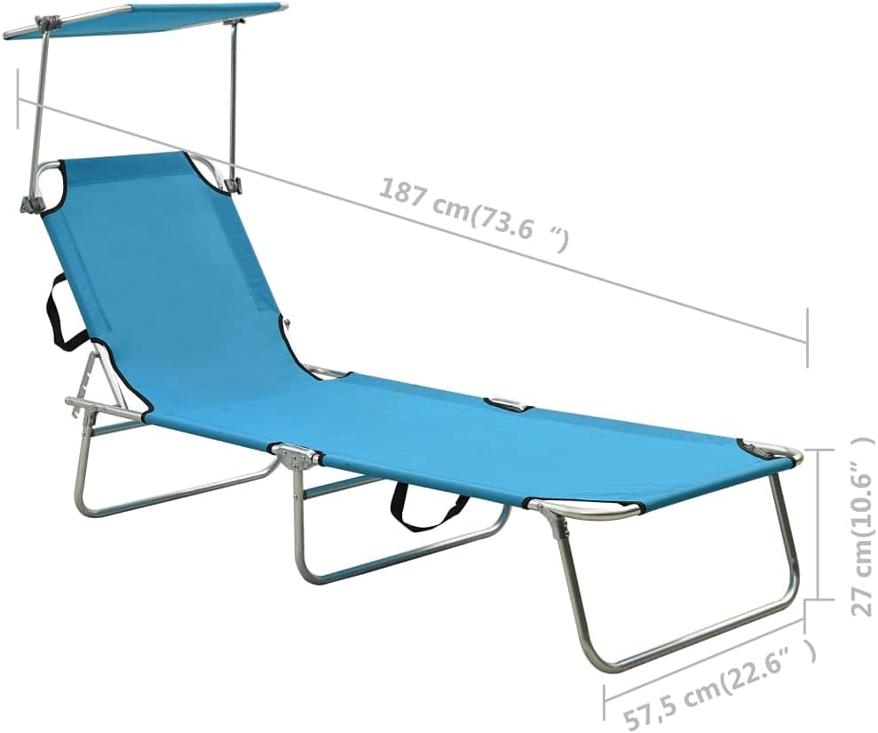 Foldable Sunlounger, Pool Lounge Chair, Outdoor Chaise Lounge Chair, Patio Reclining, for Easy Storage and Transport, with Canopy Blue Aluminum