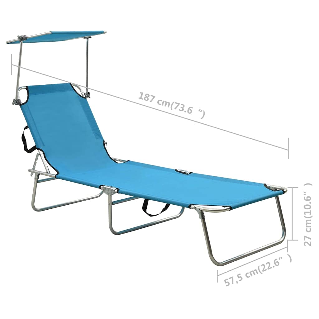 Składany leżak z daszkiem przeciwsłonecznym, niebieski, aluminiowy leżak ogrodowy, składany, regulowany, ergonomiczny leżak relaksacyjny na taras, balkon, basen, do użytku na zewnątrz