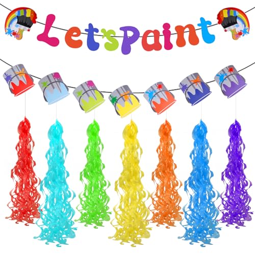 Ansberta Art Party Decorations Kit Let's Paint Splatter Party Supplies Include Rainbow Hanging Swirl Streamer Pouring Paint Can Ceiling Hanging Streamer Decor Art Birthday Decorations