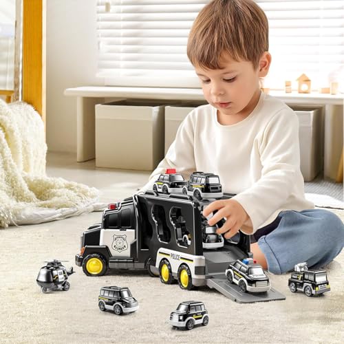 Image of Mini Explorer 5 in 1 Police Trucks Boy Toys for 3-5 Year Old Toddlers - Toys for 3 4 5 6 7 Years Old Transport Vehicle Carrier Truck Sets Kids Boys & Girls