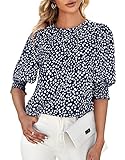Teurkia Womens 3/4 Sleeve Tops and Blouses Round Neck Puffed Sleeve T-Shirts Navy
