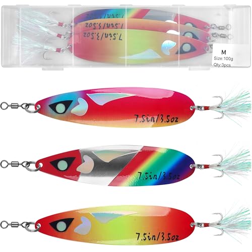 Flutter Spoon Deep Sea Jigging Fishing Lures, 3PCS Large Hard Metal Sinking Trolling Casting Striper Fishing Spoon Baits for Striped Bass, Salmon, Walleye (Smooth, 90g) by AGOOL - Used condition - US$14.56