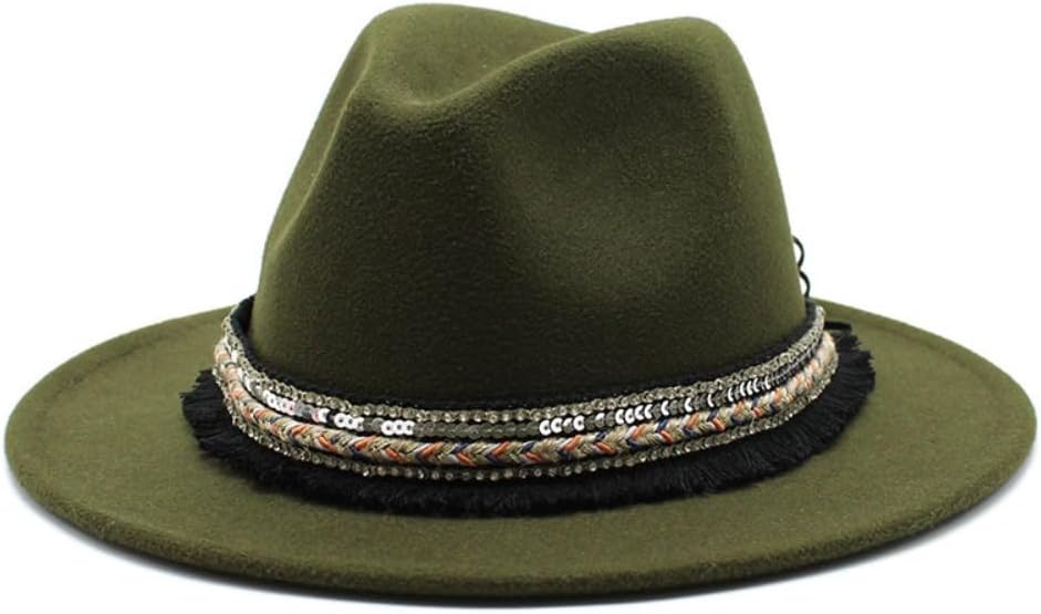 Western Style Wool Fedora Hat, Brown with Decorative Band, Wide Brim Classic Design, Fringe and Sequin Embellished Band
