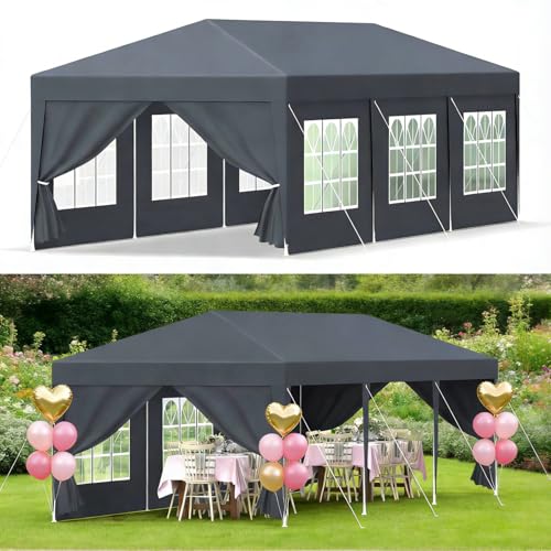 Ferzone Tonnelle de Jardin 3x9m avec 4 Parois Latérales, Tente Extérieure-Anti-UV, Tissu étanche, Barnum avec Piquets de Sol&Cordes Anti-Vent de Réception...