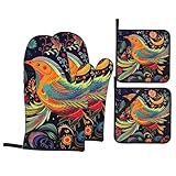 Juego de guantes de horno y soportes para ollas de estilo étnico con estampado de pájaros, 4 guantes de horno resistentes al calor y almohadillas calientes de cocina para cocinar, hornear, asar a la