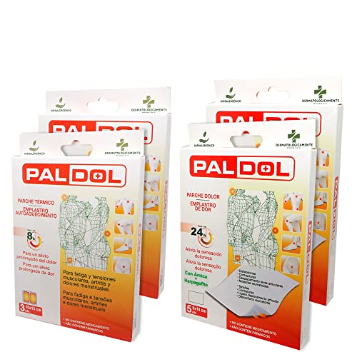 PALDOL alivio para el dolor muscular y articular, en un Lote de 4 estuches con 16 parches de calor seco, con Arnica y Harpagofito Cover