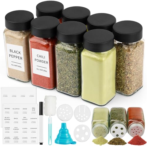 Ferenando 8 Pcs 120ml Square Glass Spice Jars with Lids and Labels, 16 Shaker Lids, Glass Seasoning Jars, Spice Storage Jars with Funnel, Brush, Pen, for Kitchen Spice Containers and Shaker