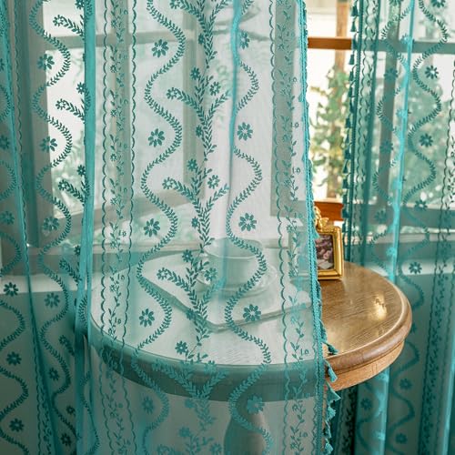 WAZZIO Boho Lace Curtains 2 Panels 84 Inch -Victorian Sheer Panel Drape French Country Floral Pattern & Tassel Light Filtering Privacy for Bedroom Dining Living Room Coastal Decor Teal W52x L84