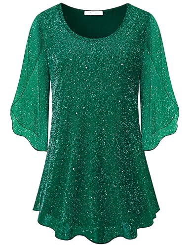 SeSe Code Star Light Green Blouses for Women Plus Size Summer Tops Cute 3/4 Sleeve Shirts Dressy Casual Blouse Evening Party Top Mesh Sheer Layered Tunic Blusas De Mujer Elegantes Holiday Clothes 3XL
