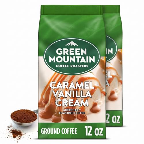 Green Mountain Coffee Roasters, Caramel Vanilla Cream, Ground Flavored Coffee, Light Roast, Bagged 12oz. (Pack of 2)