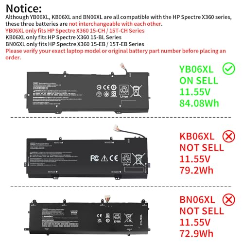 Image of DMKAOLLK 84.08Wh YB06XL 928372-855 928427-272 Battery for HP Spectre X360 Convertible 15-CH011DX 15-CH0XX 15T-CH000 15-CH011NR 15-CH 15T-CH Series 928372-856 928427-271 YB06084XL 11.55V