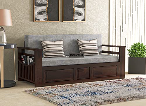 Image of Douceur Furnitures Solid Sheesham Wooden Sofa Cum Bed Queen Size with Storage for Living Room | Wooden Foldable 3 Seater Sofa Cum Bed with Headboard Folding Double Bed for Home Bedroom (Walnut)