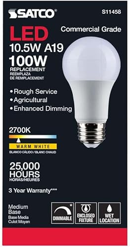 Miniatura 5 de Satco S11458 Bombilla LED A19 para agricultura, grado comercial, reemplazo de 100 W, blanco, 10.5 vatios