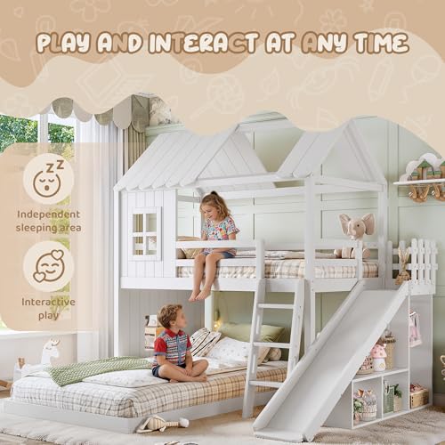 Image of Bellemave Twin Over Full House Bunk Bed with Slide and Storage Shelves for Kids,Solid Wood Floor Bunk Bed Frame with Wardrobe and Inclined Ladder for Girls Boys,White