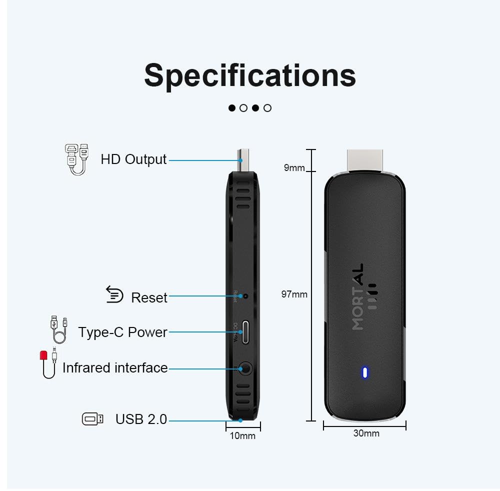 Mortal Q8 TV Stick 8K, Android 14.0, streaming Media Player z pilotem, HDMI, USB 2.0, Type-C, interfejs podczerwieni