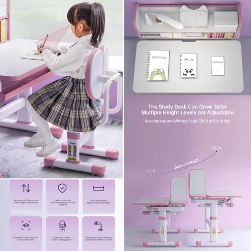 Juego de Escritorio y Silla para Niños de 3-16 Años, LYHOE Escritorio Infantil Ajustable con Silla, Mesa de Estudio Ergonómica con Tablero Inclinable, Luz LED, Cajón y Soporte para Libros (Rosa) - imagen 4