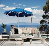3D Carta da Parati Mare Blu Montagne In Lontananza Ombrello Blu Sdraio