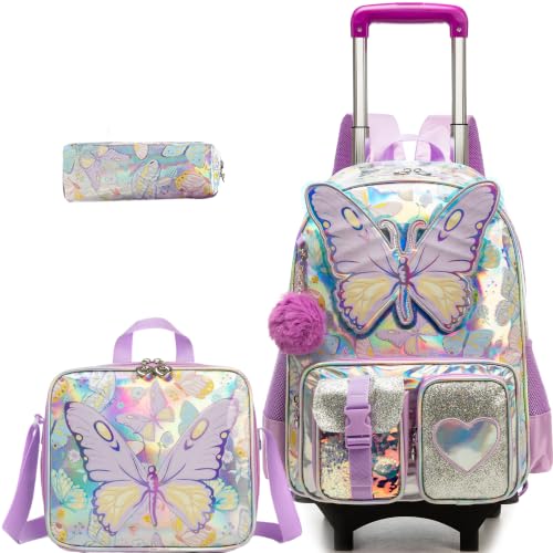 Image of HTgroce Kids Rolling Backpack for Girls Backpack with Wheels 3pcs Rolling Backpacks for Kids, 16.5 inch Roller Backpacks for Girls with Lunch Box Pencil Case
