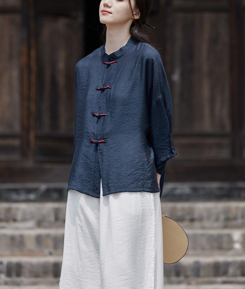 Camicia cinese da donna con colletto alto e bottoni a forma di rana, maniche larghe a 3/4, camicia da tè zen allentata