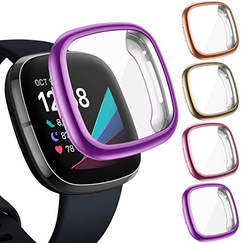 CAVN 4-Pack Screen Protector Case Compatible with Fitbit Sense/Versa 3, Screen Protector TPU Protective Screen Cover Saver Bumper for Sense Smartwatch (Rose Gold/Soft Gold/Rose Pink/Purple)