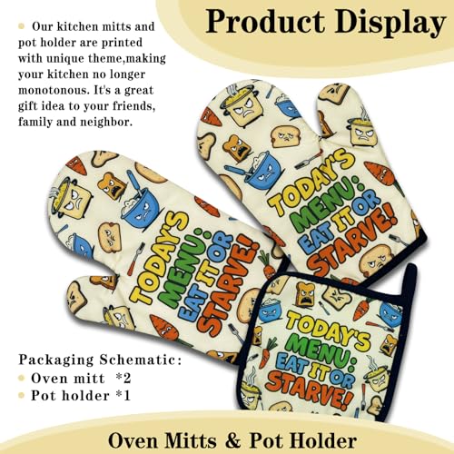 NAHMAKNE Funny Oven Mitts and Pot Holders Set of 3, Today's Menu Eat It or Starve, Heat Resistant Non-Slip Kitchen Mitts Hot Pads, Humor Kitchen Decor Gifts for Women Men Chef Friend Cooking Lovers